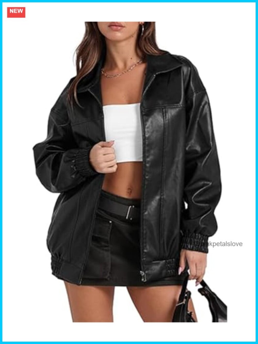 Oversized Faux Leather Jacket Lapel Collar Zip Up Long Sleeve PU Leather
